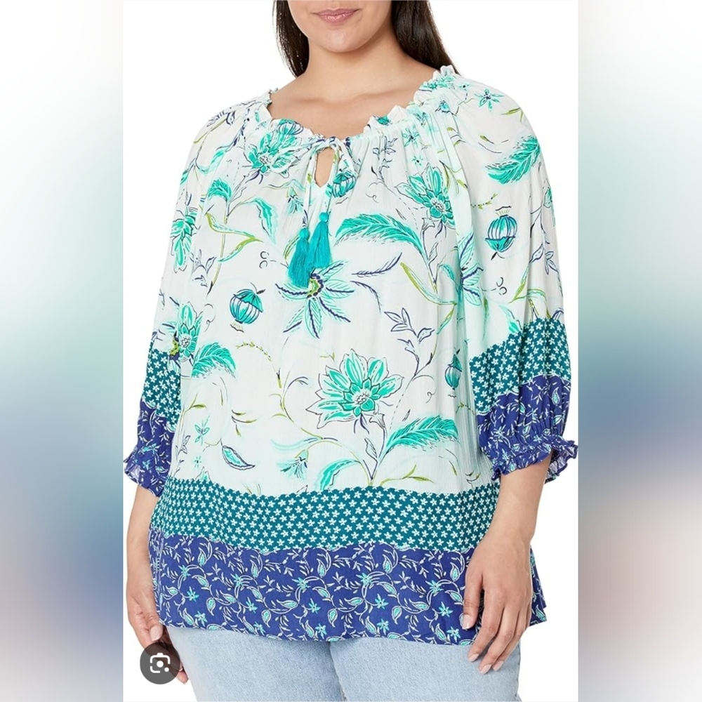 Avenue Boho Blue Floral Pullover Tunic Blouse Top Plus Sz 26-28W Mixed Print NWT